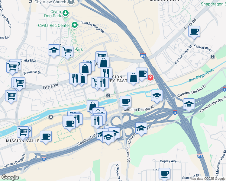 map of restaurants, bars, coffee shops, grocery stores, and more near in San Diego