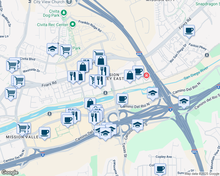 map of restaurants, bars, coffee shops, grocery stores, and more near 1640 Camino Del Rio North in San Diego