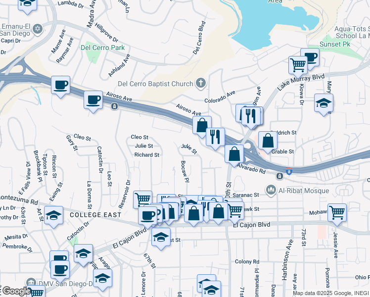 map of restaurants, bars, coffee shops, grocery stores, and more near 6819 Julie Street in San Diego