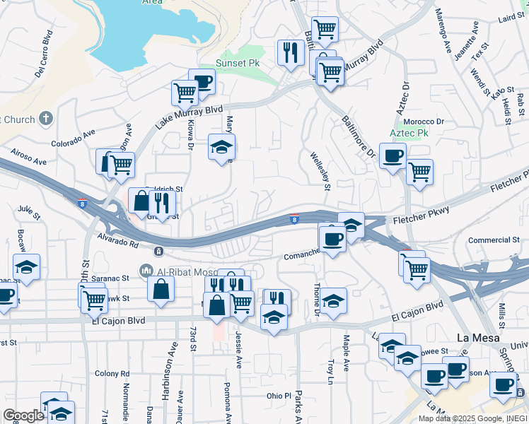 map of restaurants, bars, coffee shops, grocery stores, and more near 7504 Parkway Drive in La Mesa