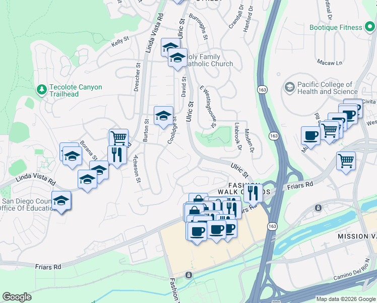 map of restaurants, bars, coffee shops, grocery stores, and more near 7077 Camino Pacheco in San Diego