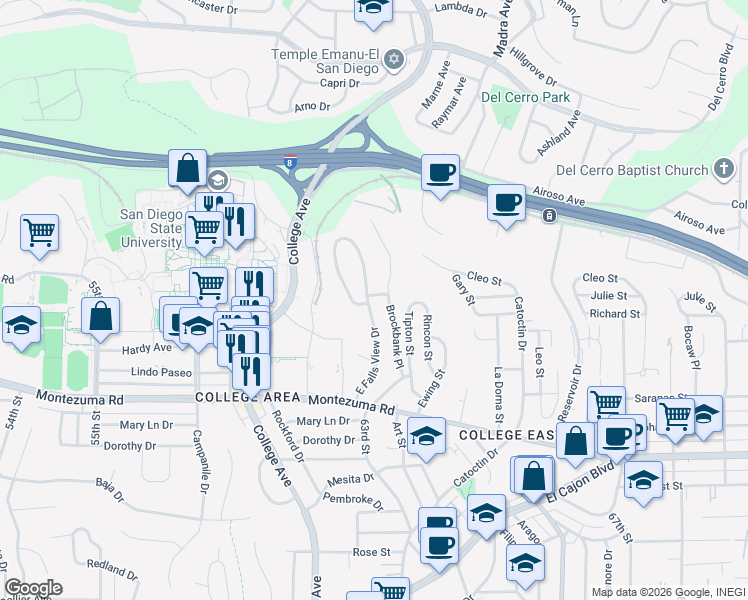 map of restaurants, bars, coffee shops, grocery stores, and more near 5325 East Falls View Drive in San Diego
