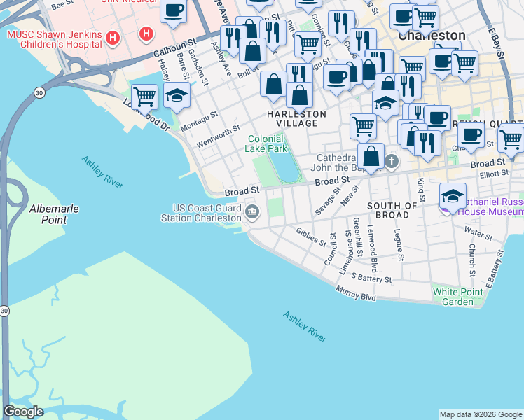 map of restaurants, bars, coffee shops, grocery stores, and more near 309 Broad Street in Charleston