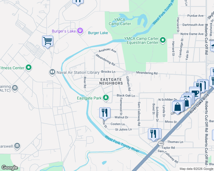 map of restaurants, bars, coffee shops, grocery stores, and more near 6152 River Pointe Drive in Fort Worth