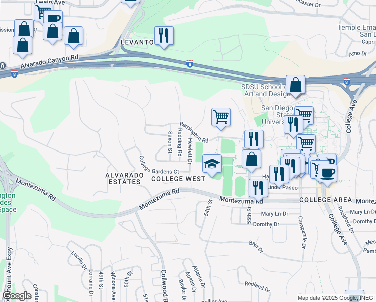 map of restaurants, bars, coffee shops, grocery stores, and more near 5367 Hewlett Drive in San Diego