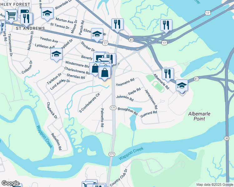 map of restaurants, bars, coffee shops, grocery stores, and more near 15 Yeamans Road in Charleston