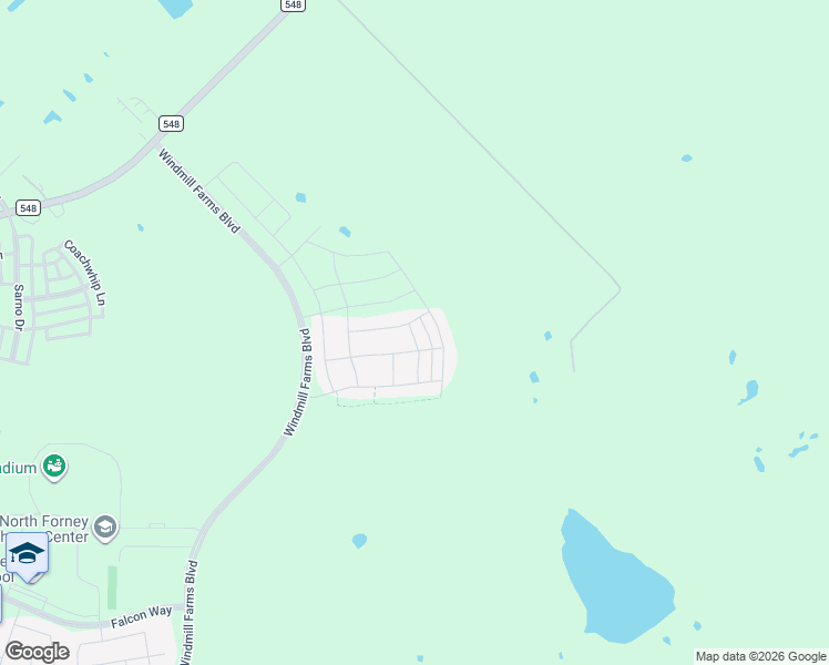map of restaurants, bars, coffee shops, grocery stores, and more near WindMill Farms Boulevard in Forney