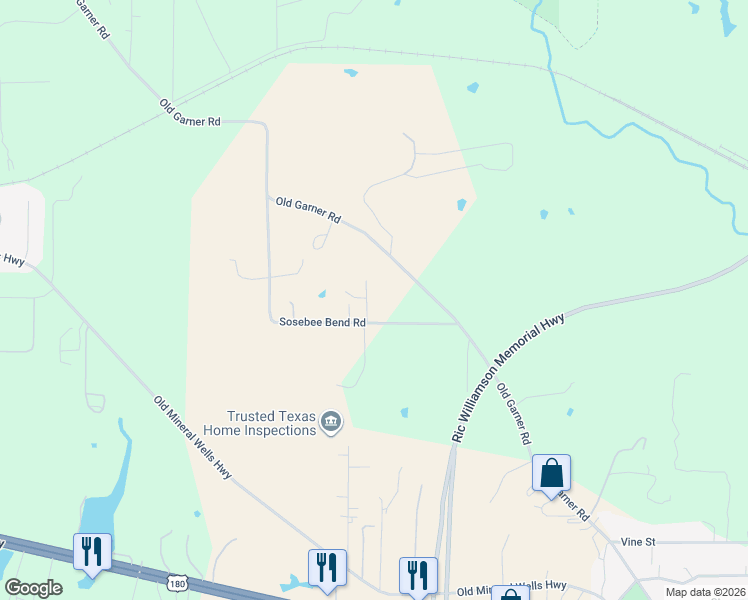 map of restaurants, bars, coffee shops, grocery stores, and more near 1383 Old Garner Road in Weatherford
