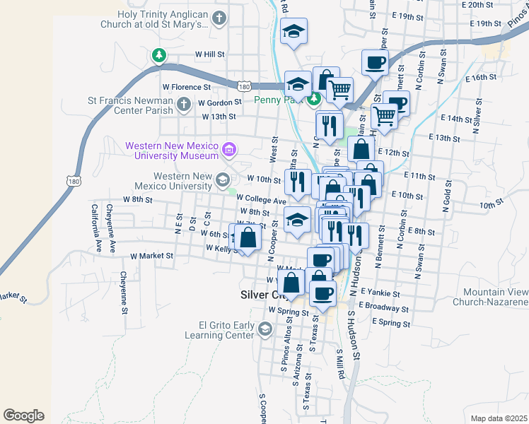 map of restaurants, bars, coffee shops, grocery stores, and more near 416 West College Avenue in Silver City