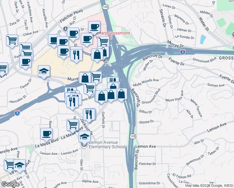 map of restaurants, bars, coffee shops, grocery stores, and more near 8949 La Mesa Boulevard in La Mesa