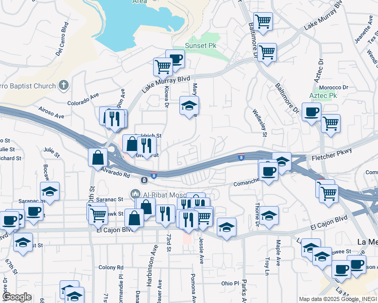 map of restaurants, bars, coffee shops, grocery stores, and more near 7380 Parkway Drive in La Mesa