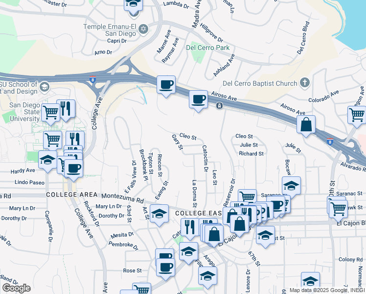 map of restaurants, bars, coffee shops, grocery stores, and more near 6427 Cleo Street in San Diego