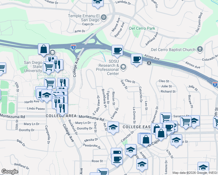 map of restaurants, bars, coffee shops, grocery stores, and more near 5347 Brockbank Place in San Diego