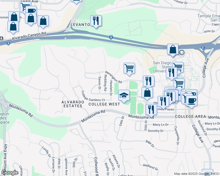 map of restaurants, bars, coffee shops, grocery stores, and more near 5367 Hewlett Drive in San Diego