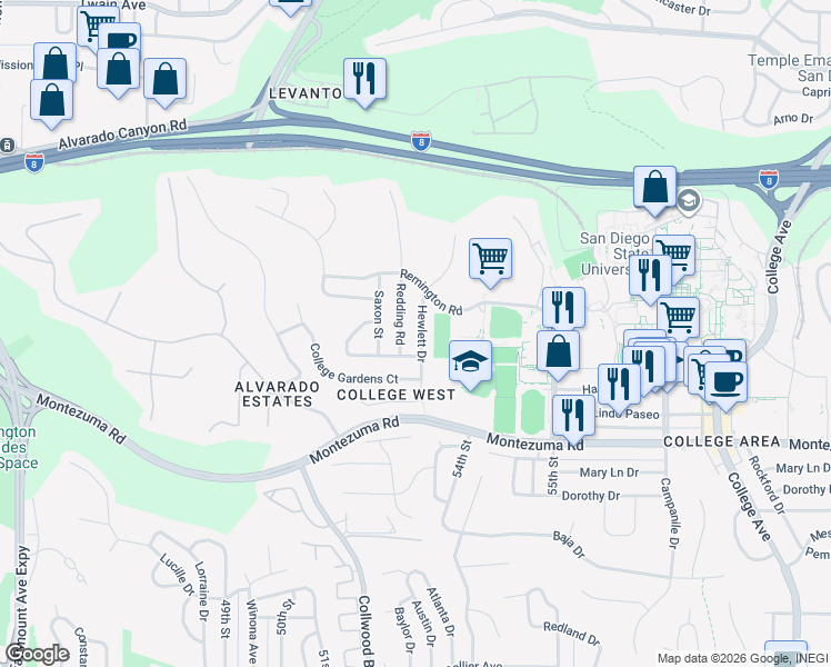 map of restaurants, bars, coffee shops, grocery stores, and more near 5367 Hewlett Drive in San Diego