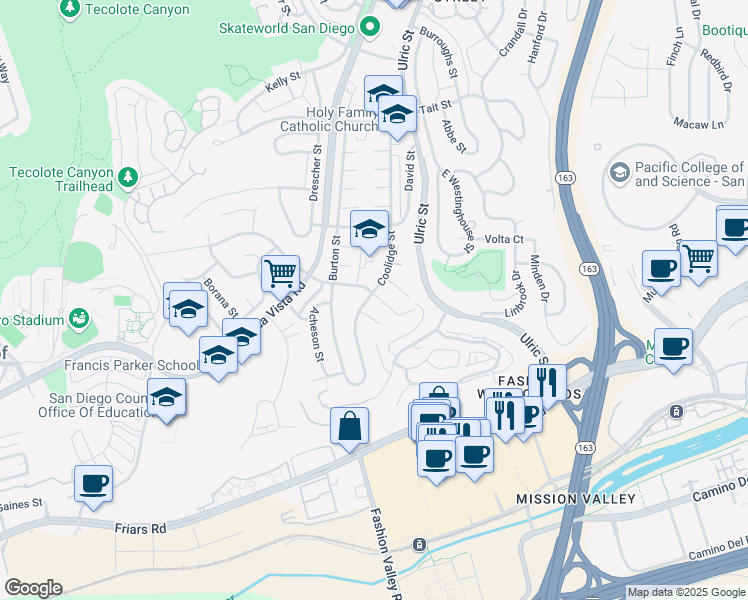 map of restaurants, bars, coffee shops, grocery stores, and more near 1645 Coolidge Street in San Diego