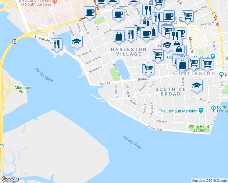 map of restaurants, bars, coffee shops, grocery stores, and more near 309 Broad Street in Charleston