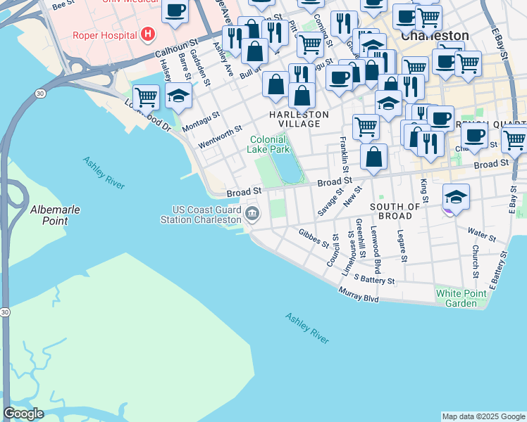 map of restaurants, bars, coffee shops, grocery stores, and more near 309 Broad Street in Charleston