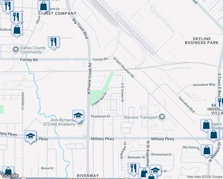 map of restaurants, bars, coffee shops, grocery stores, and more near 9416 Eddy Sass Court in Dallas