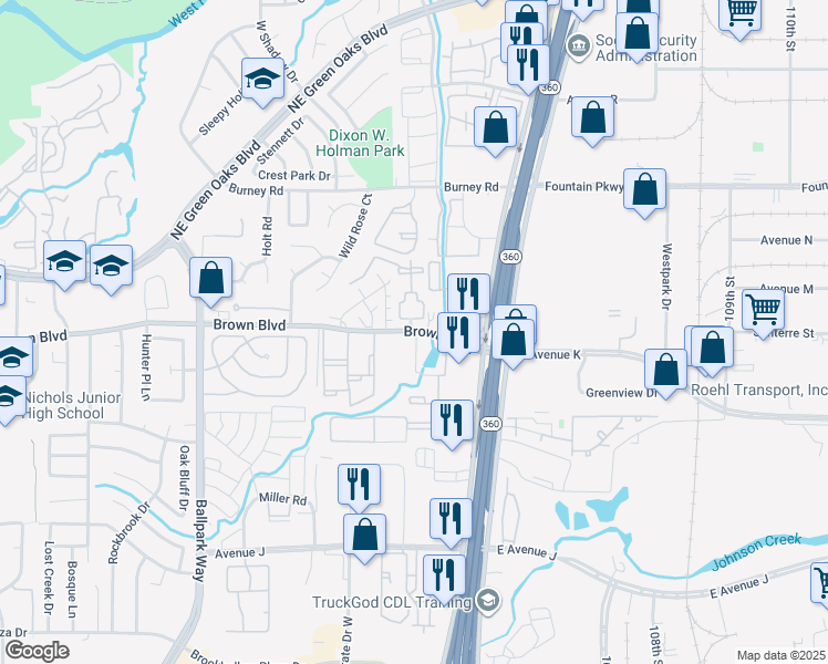 map of restaurants, bars, coffee shops, grocery stores, and more near 2505 Brown Boulevard in Arlington