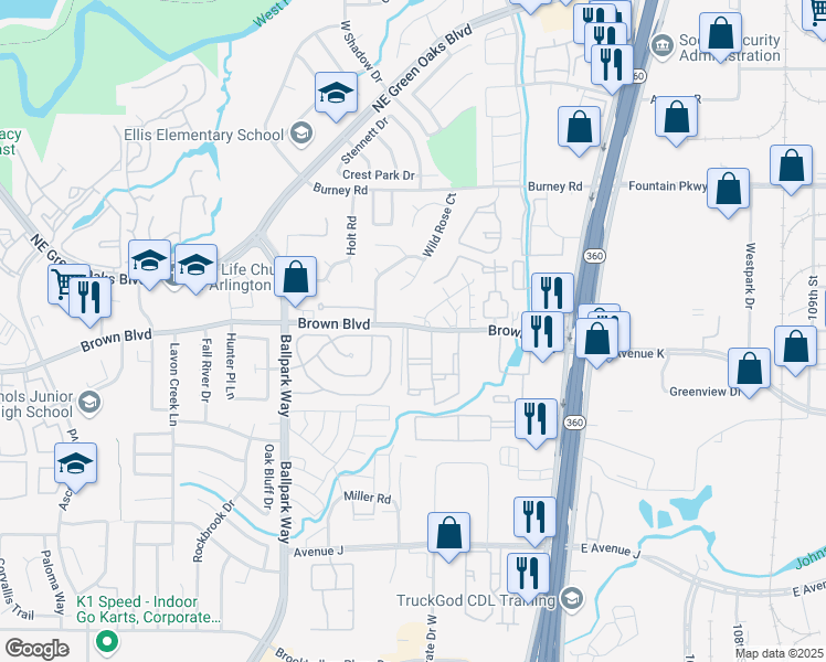 map of restaurants, bars, coffee shops, grocery stores, and more near 2403 Brown Boulevard in Arlington