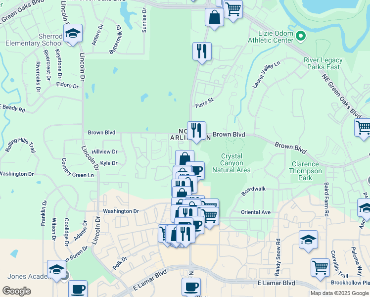 map of restaurants, bars, coffee shops, grocery stores, and more near 2319 Fair Oaks Drive in Arlington