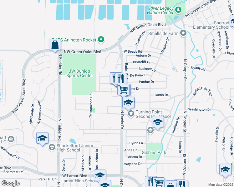 map of restaurants, bars, coffee shops, grocery stores, and more near 2430 North Davis Drive in Arlington
