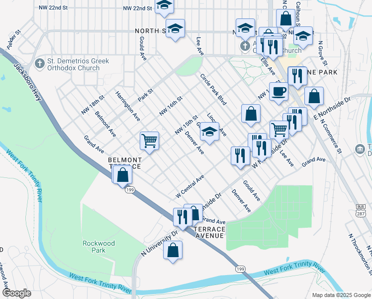 map of restaurants, bars, coffee shops, grocery stores, and more near 1507 Denver Avenue in Fort Worth