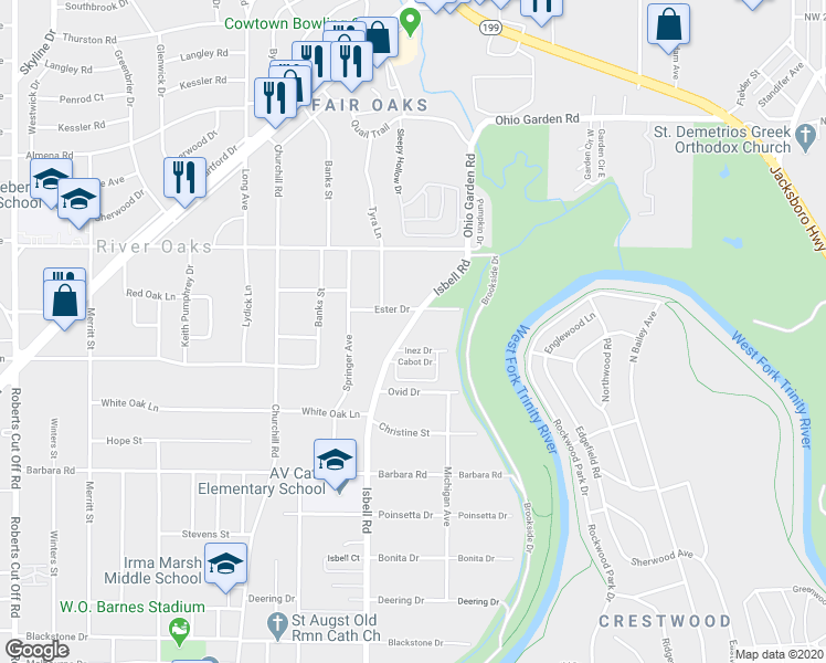 map of restaurants, bars, coffee shops, grocery stores, and more near 4512 Ester Drive in Fort Worth