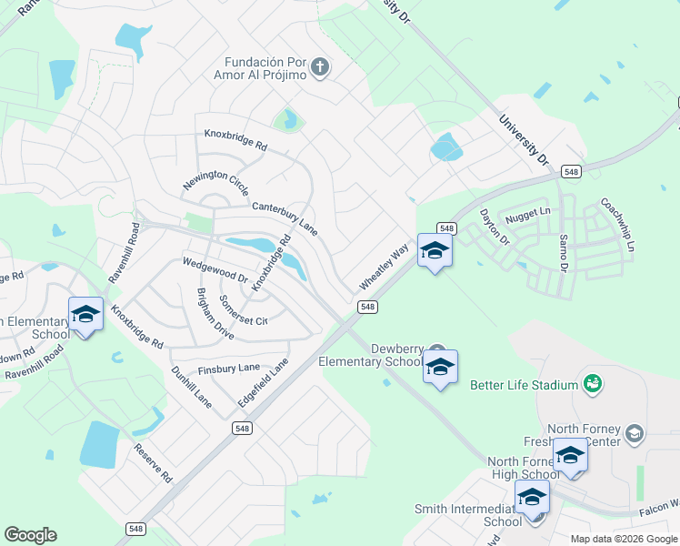map of restaurants, bars, coffee shops, grocery stores, and more near 977 Canterbury Lane in Forney