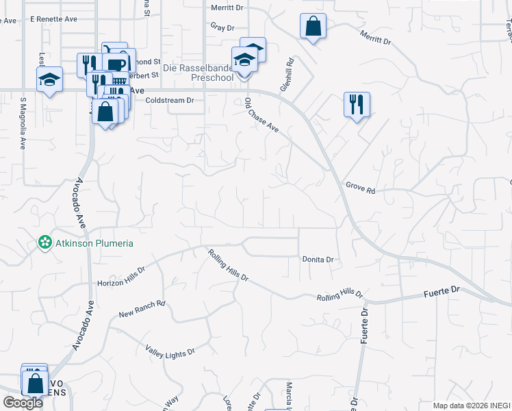 map of restaurants, bars, coffee shops, grocery stores, and more near 1449 Bernita Way in El Cajon