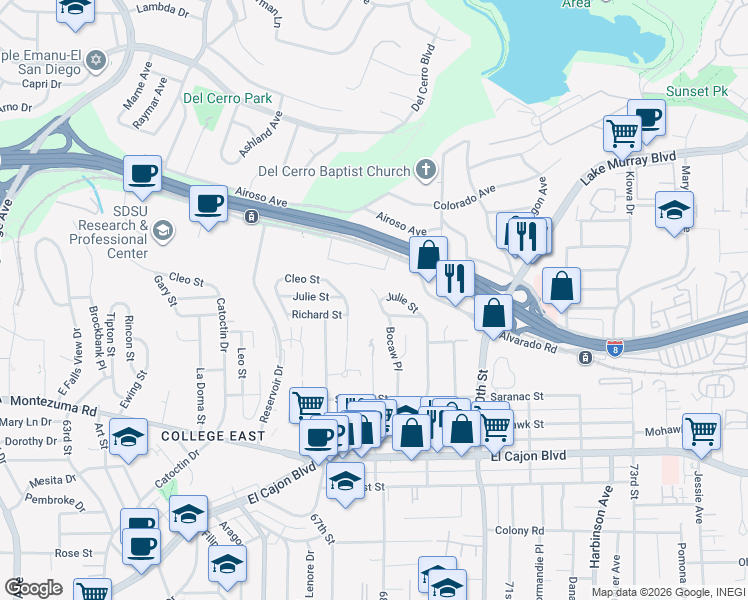 map of restaurants, bars, coffee shops, grocery stores, and more near 5254 Bocaw Place in San Diego