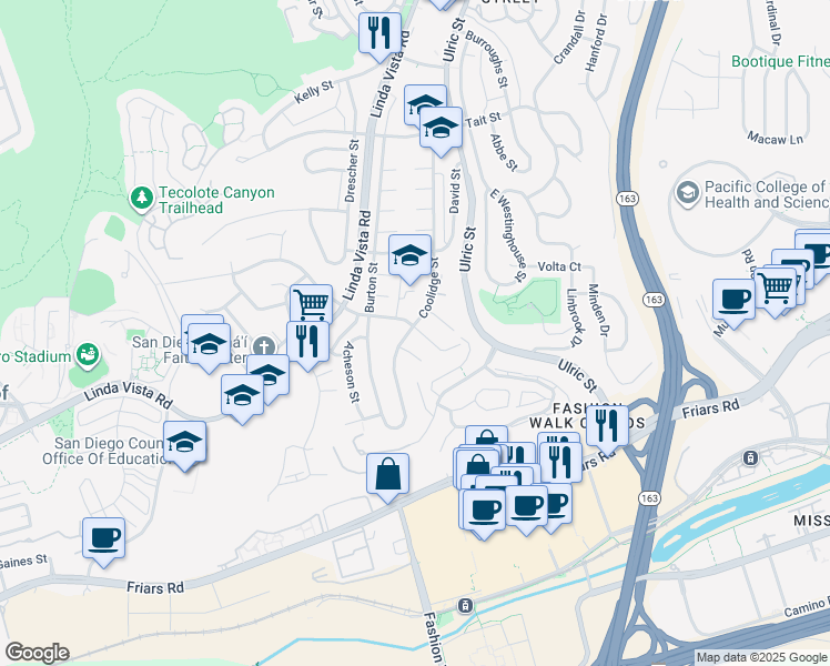 map of restaurants, bars, coffee shops, grocery stores, and more near 1627 Coolidge Street in San Diego