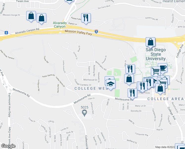 map of restaurants, bars, coffee shops, grocery stores, and more near 5324 Redding Road in San Diego