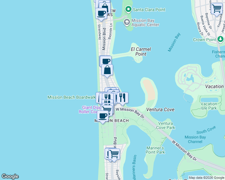 map of restaurants, bars, coffee shops, grocery stores, and more near 810 Santa Barbara Place in San Diego