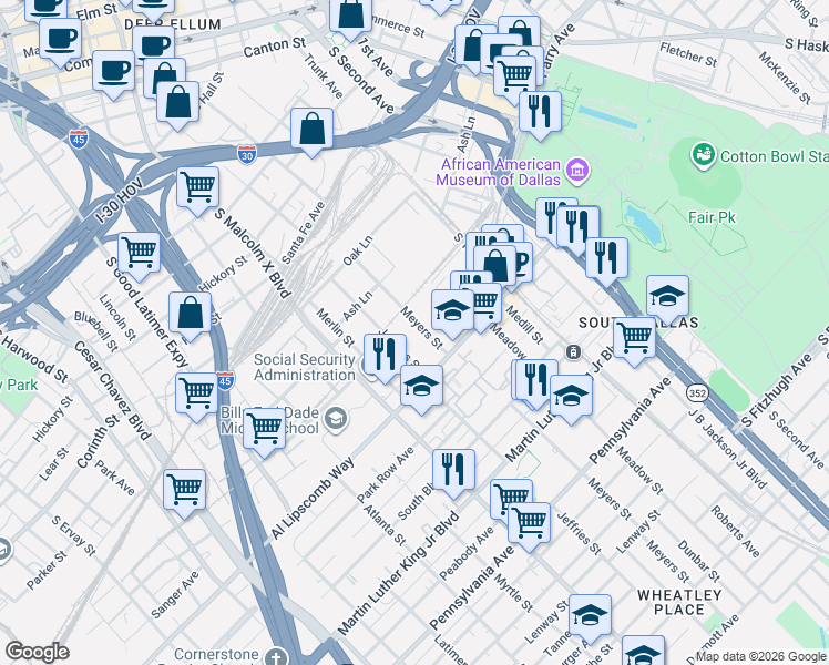 map of restaurants, bars, coffee shops, grocery stores, and more near 2625 Meyers Street in Dallas
