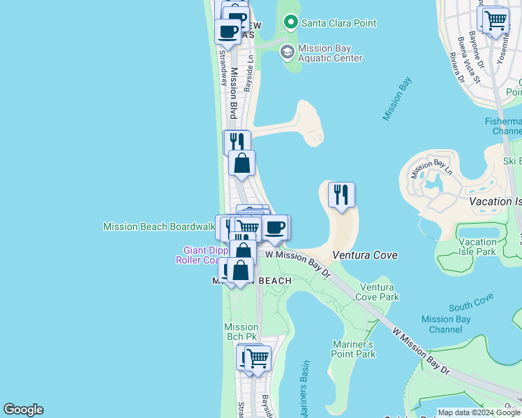 map of restaurants, bars, coffee shops, grocery stores, and more near 834 Santa Barbara Place in San Diego