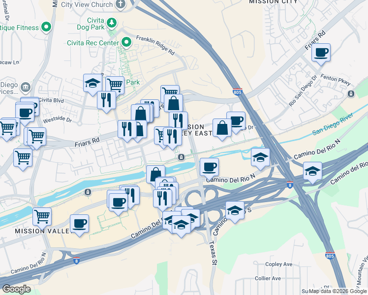 map of restaurants, bars, coffee shops, grocery stores, and more near 2185 Station Village Way in San Diego