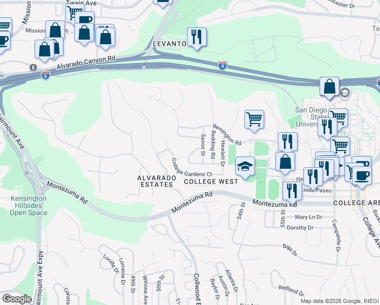 map of restaurants, bars, coffee shops, grocery stores, and more near 5346 Penny Place in San Diego