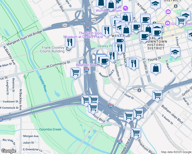 map of restaurants, bars, coffee shops, grocery stores, and more near Stemmons Fwy in Dallas