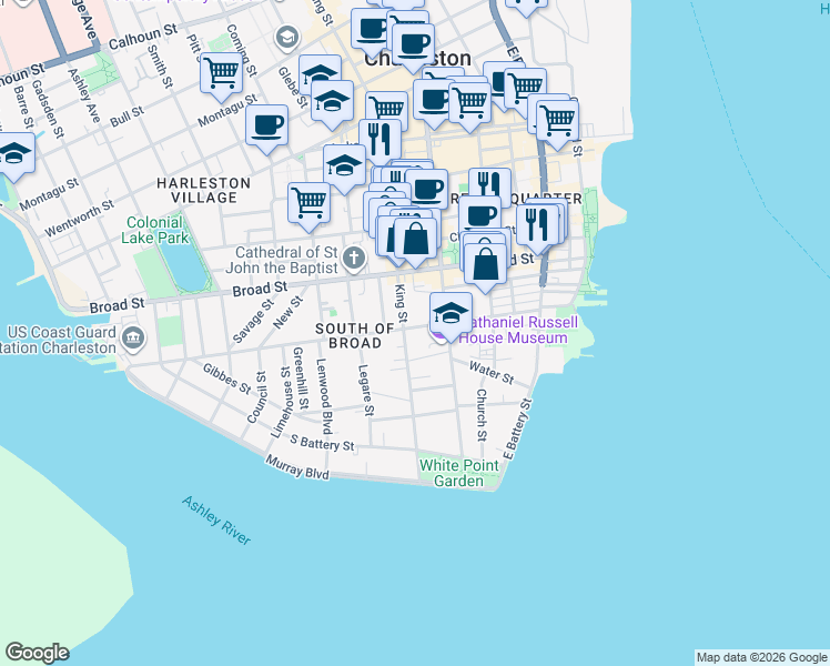 map of restaurants, bars, coffee shops, grocery stores, and more near 90 Tradd Street in Charleston