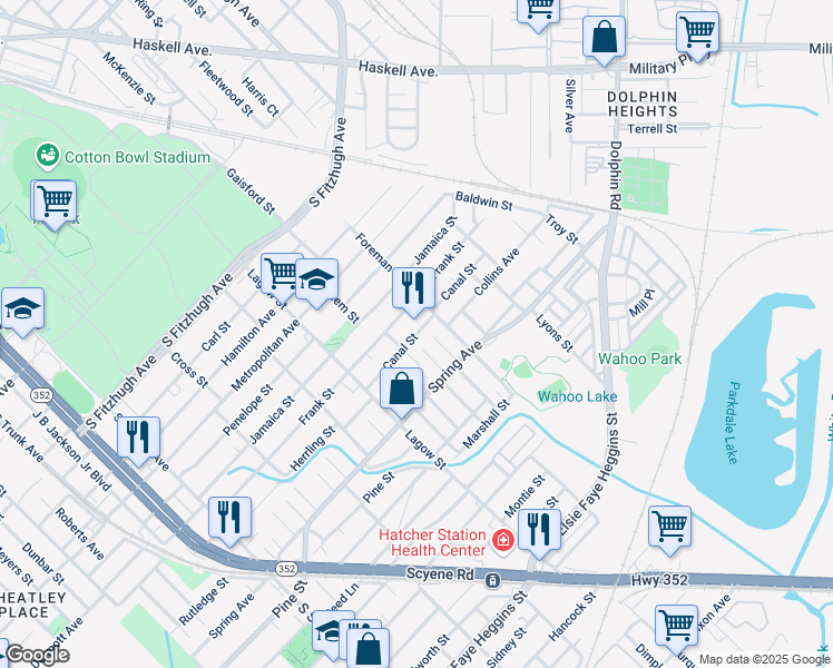 map of restaurants, bars, coffee shops, grocery stores, and more near Canal Street in Dallas
