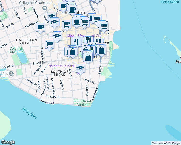 map of restaurants, bars, coffee shops, grocery stores, and more near 70 Church Street in Charleston