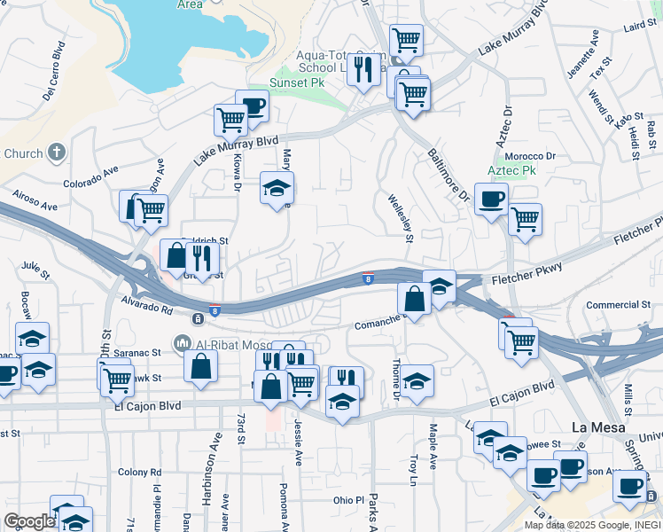 map of restaurants, bars, coffee shops, grocery stores, and more near 2 La Mesa Boulevard in La Mesa