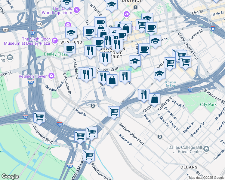 map of restaurants, bars, coffee shops, grocery stores, and more near 650 South Griffin Street in Dallas