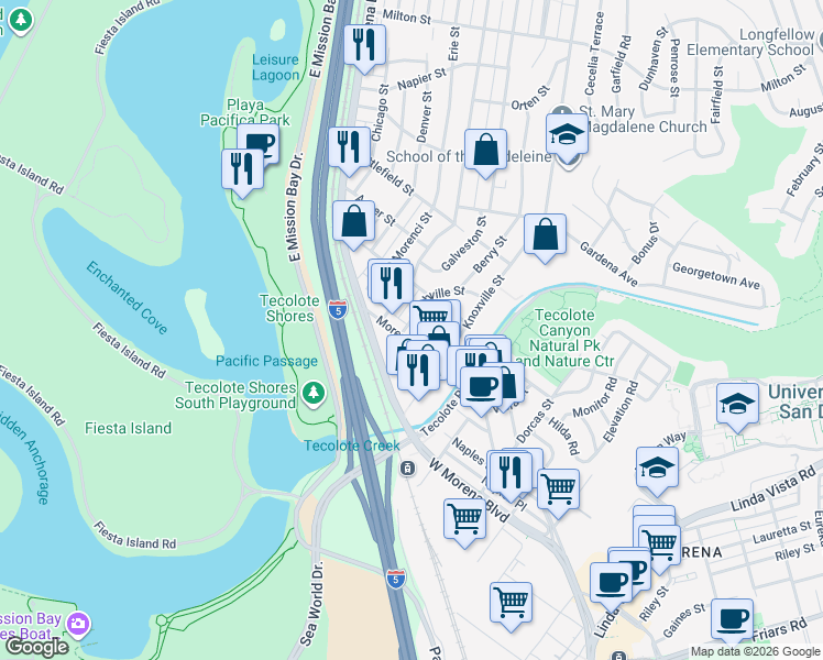 map of restaurants, bars, coffee shops, grocery stores, and more near 1325 Frankfort Street in San Diego