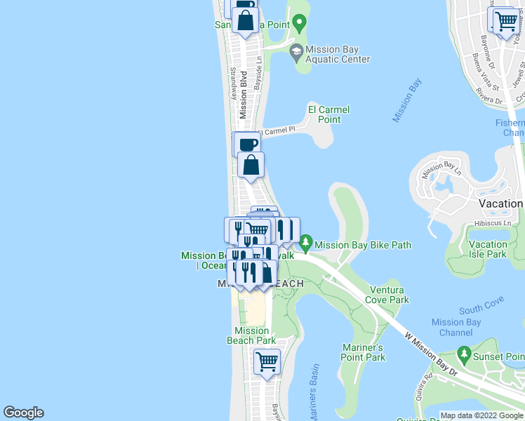 map of restaurants, bars, coffee shops, grocery stores, and more near 818 Santa Barbara Place in San Diego