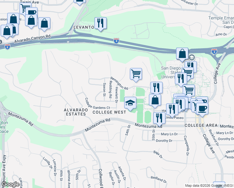 map of restaurants, bars, coffee shops, grocery stores, and more near 5367 Hewlett Drive in San Diego
