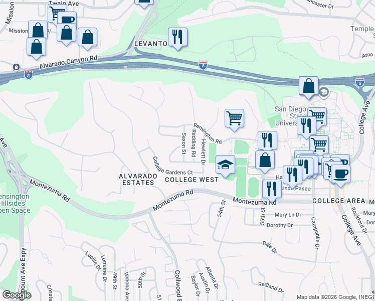 map of restaurants, bars, coffee shops, grocery stores, and more near 5356 Redding Road in San Diego