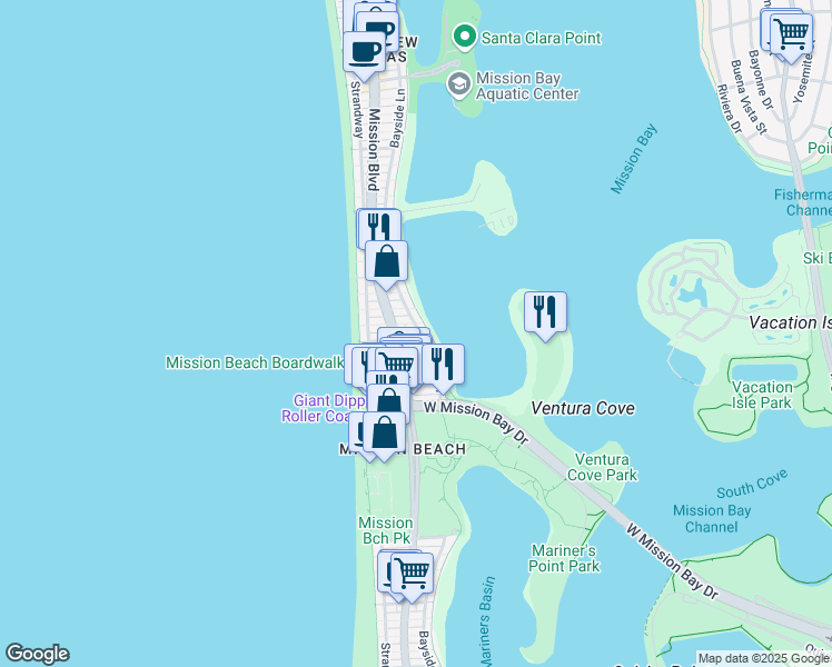 map of restaurants, bars, coffee shops, grocery stores, and more near 3334 Bayside Walk in San Diego